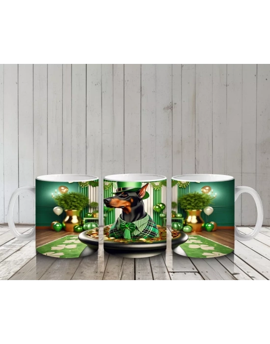 Altınlarla Dolu Kazanda Oturan St. Patrick’s Doberman - Baskılı kahve kupası
