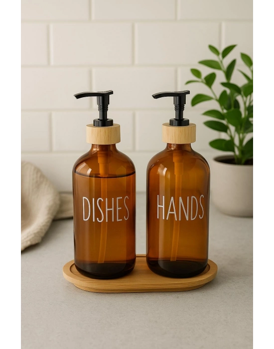 Amber Cam İkili Sıvı Sabunluk Seti 500 ml Bambu Altlıklı