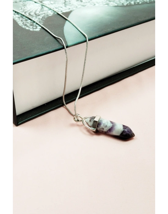 Ametist Doğal Taşı Zincirli El Yapımı Tasarımlı Kolye Uç: 3,5 cm Zincir: 20 cm Kutulu