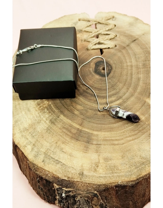 Ametist Doğal Taşı Zincirli El Yapımı Tasarımlı Kolye Uç: 3,5 cm Zincir: 20 cm Kutulu