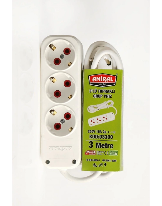 Amiral 3 Lü Topraklı 3 Metre Kablolu Grup Priz