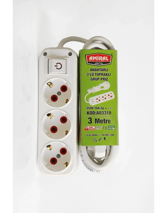 Amiral 3 Lü Topraklı Anahtarlı 3 Metre Kablolu Grup Priz