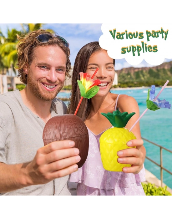 Ananas & Hindistan Cevizi Tasarımlı Pipetli Bardak Seti (6 Adet)