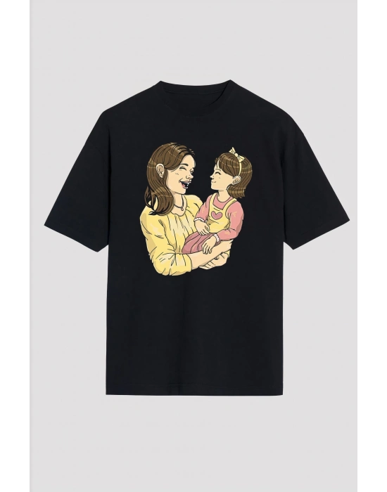 Anneler Günü Hediye Anne Kız Temalı Baskılı Oversize Bisiklet Yaka T-shirt - Siyah