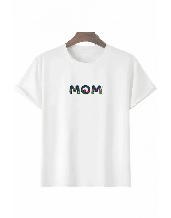 Anneler Günü Hediye Mom Çiçek Baskılı Oversize Bisiklet Yaka T-shirt - Beyaz