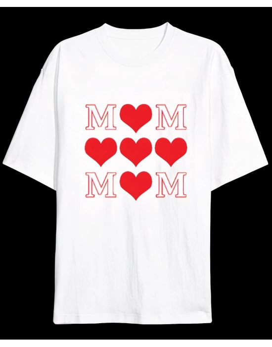 Anneler Günü Hediye MOM Kalp Baskılı Oversize Bisiklet Yaka T-shirt - Beyaz