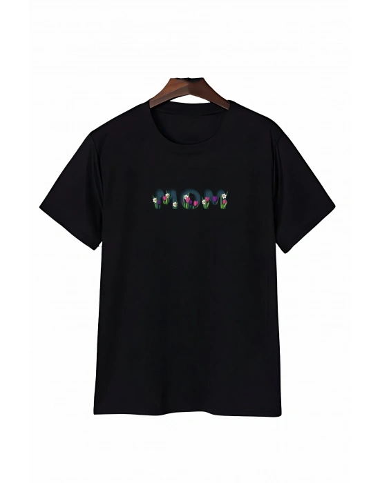 Anneler Günü Mom Çiçek Temalı Baskılı Oversize Bisiklet Yaka T-shirt - Siyah
