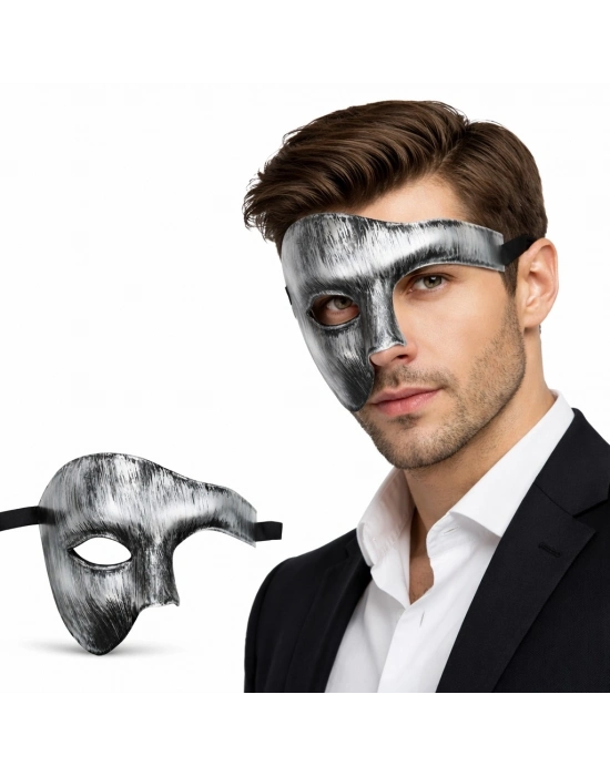 Antik Eskitme Gümüş Erkek Yarım Maske - Phantom & Balo Maskesi