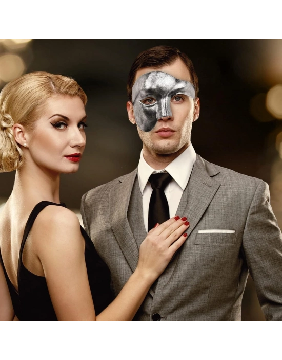 Antik Eskitme Gümüş Erkek Yarım Maske - Phantom & Balo Maskesi