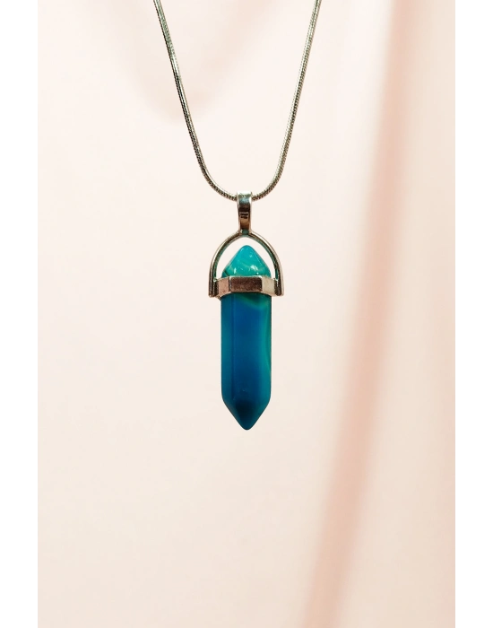 Aquamarin Doğal Taşı Zincirli El Yapımı Tasarımlı Kolye Uç: 3,5 cm Zincir: 20 cm Kutulu