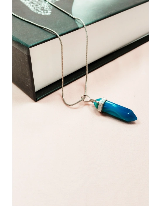 Aquamarin Doğal Taşı Zincirli El Yapımı Tasarımlı Kolye Uç: 3,5 cm Zincir: 20 cm Kutulu