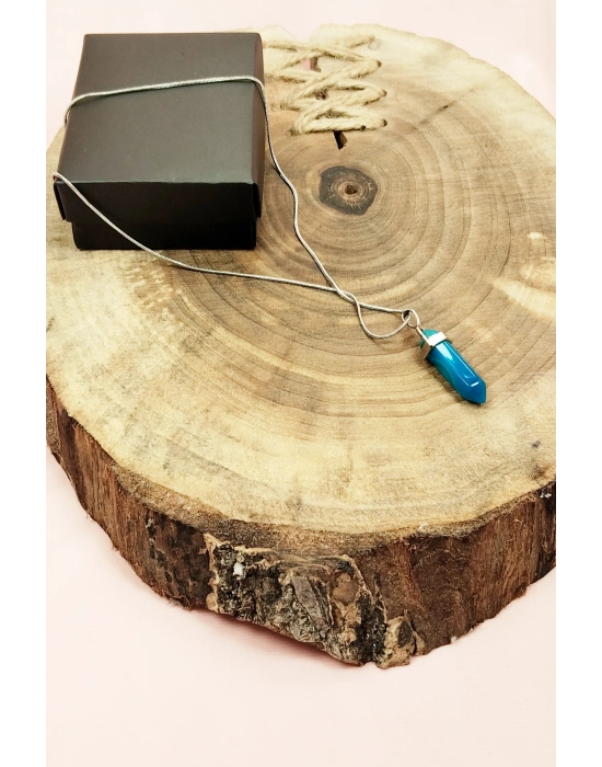 Aquamarin Doğal Taşı Zincirli El Yapımı Tasarımlı Kolye Uç: 3,5 cm Zincir: 20 cm Kutulu