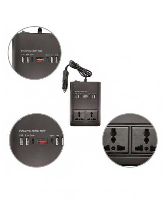 Araç İçin 12V 24V Güç Dönüştürücü 220V Priz ve USB Portlu