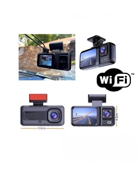 Araç Kamerası - 3 Kameralı Wifi Ön , İç Ve Arka Full Hd Dvr Araç İçi Ekranlı Kamera