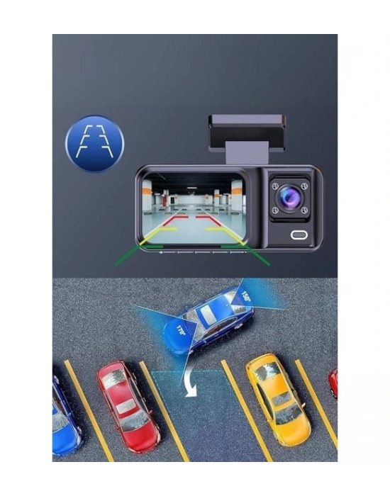 Araç Kamerası - 3 Kameralı Wifi Ön , İç Ve Arka Full Hd Dvr Araç İçi Ekranlı Kamera