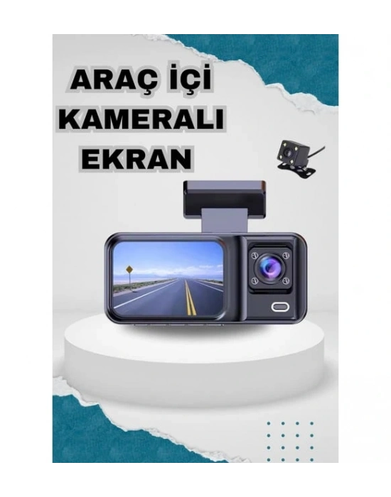 Araç Kamerası - 3 Kameralı Wifi Ön , İç Ve Arka Full Hd Dvr Araç İçi Ekranlı Kamera