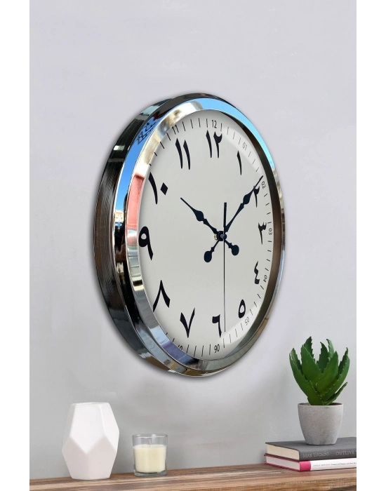 ® Arapça Rakamlı Krom 52 Cm Metal Duvar Saati