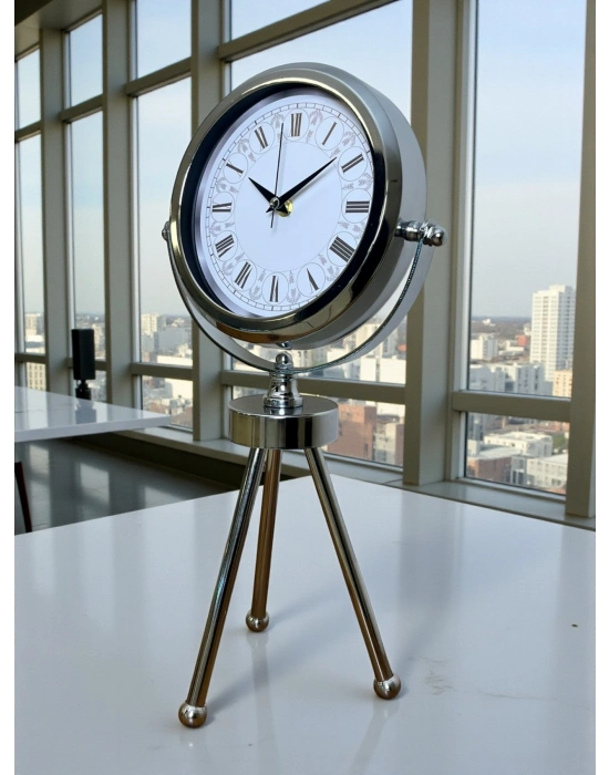 ® Asalet Krom Üç Ayaklı Metal Masa Saati