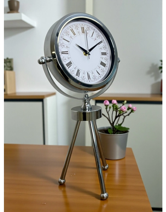 ® Asalet Krom Üç Ayaklı Metal Masa Saati