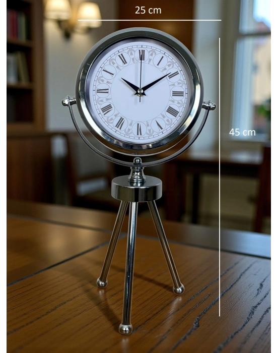 ® Asalet Krom Üç Ayaklı Metal Masa Saati