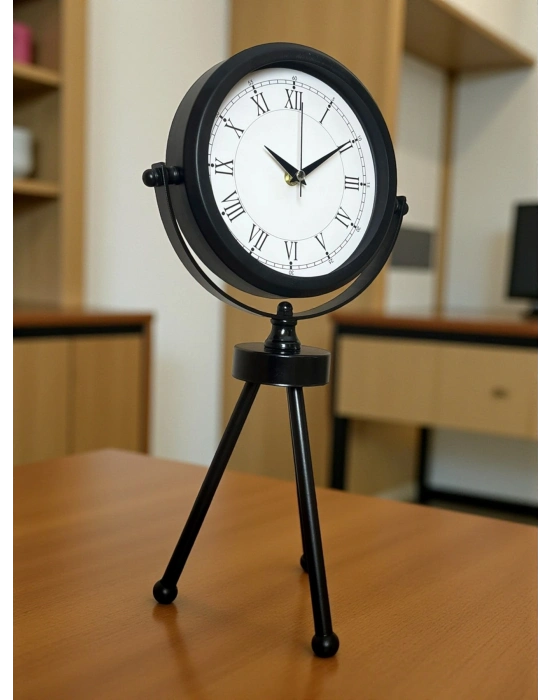 ® Asalet Siyah Üç Ayaklı Metal Masa Saati