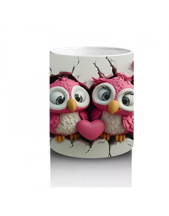 Aşık Baykuş Çifti ve Pembe Kalpler – Baskılı Kahve Kupası