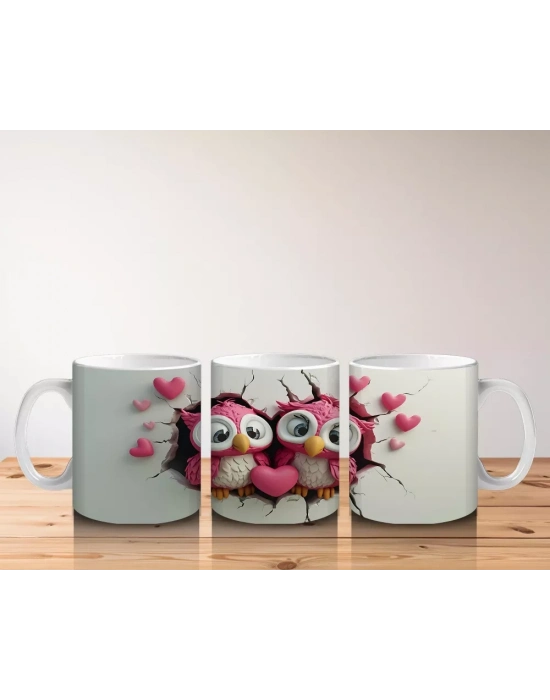 Aşık Baykuş Çifti ve Pembe Kalpler – Baskılı Kahve Kupası