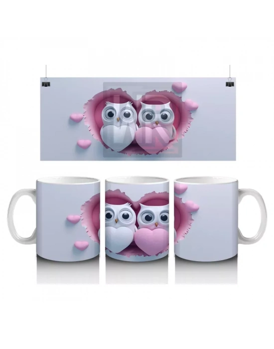 Aşık Baykuşlar Kalpli Kompozisyon – Baskılı Kahve Kupası