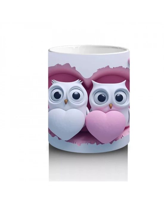 Aşık Baykuşlar Kalpli Kompozisyon – Baskılı Kahve Kupası