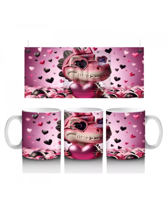 Aşk Temalı Kalpli Gözlü Dinazor – Baskılı Kahve Kupası
