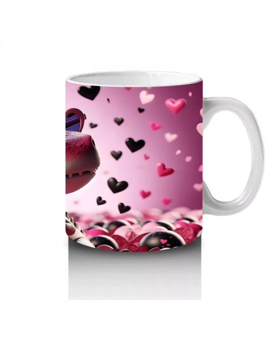 Aşk Temalı Kalpli Gözlü Dinazor – Baskılı Kahve Kupası