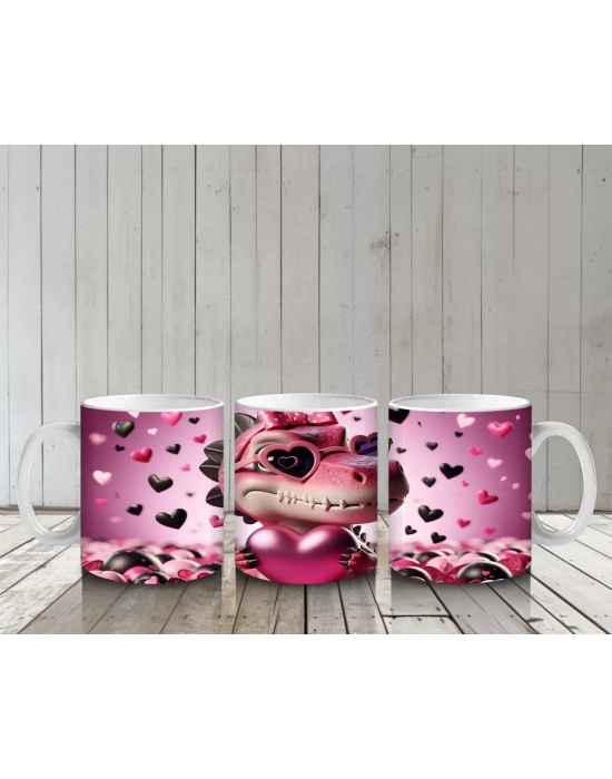 Aşk Temalı Kalpli Gözlü Dinazor – Baskılı Kahve Kupası