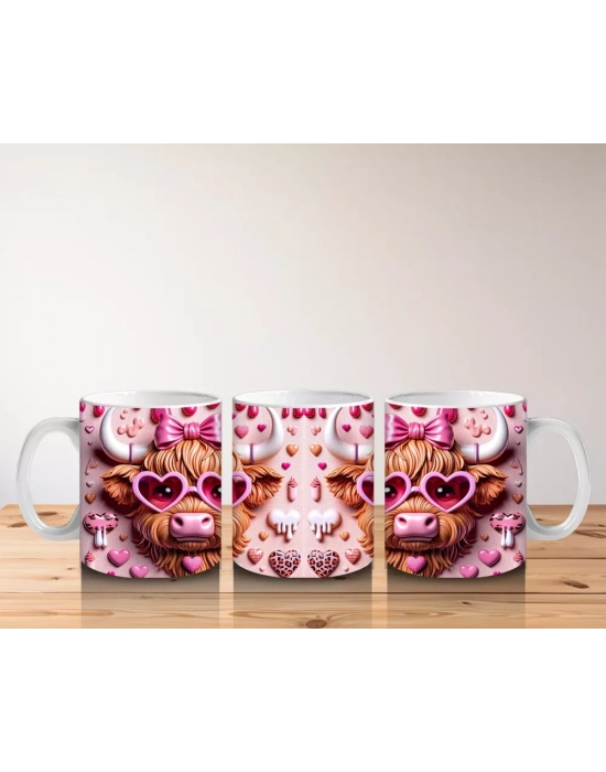 Aşk Temalı Kalpli Gözlük Takmış Sevimli İnek - Baskılı kahve kupası
