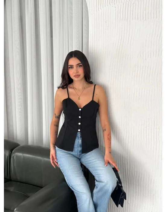 Askılı Dekolte deraylı bluz crop - Siyah