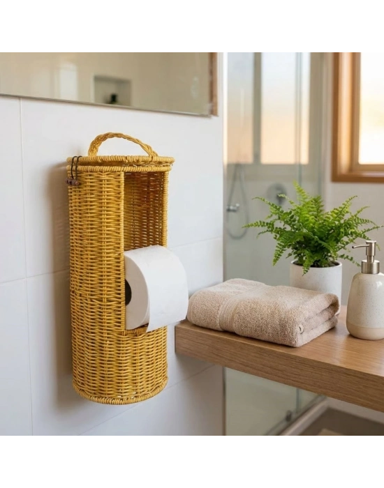 ®  Askılı Plastik Rattan Tuvalet Kâğıdı Standı – Hasır Görünümlü, Kapaklı, Yedekli WC Kâğıtlık, Banyo ve Tuvalet İçin Dekoratif Organizer