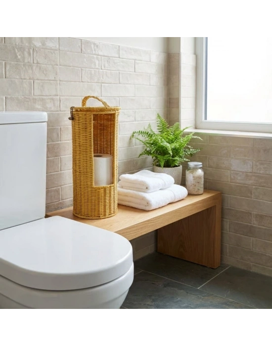 ®  Askılı Plastik Rattan Tuvalet Kâğıdı Standı – Hasır Görünümlü, Kapaklı, Yedekli WC Kâğıtlık, Banyo ve Tuvalet İçin Dekoratif Organizer