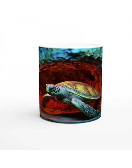 Ateş Renkli Mağarada Yüzen Deniz Kaplumbağası Kupa Bardak