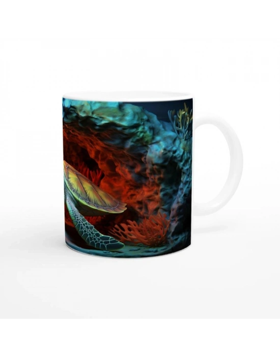 Ateş Renkli Mağarada Yüzen Deniz Kaplumbağası Kupa Bardak