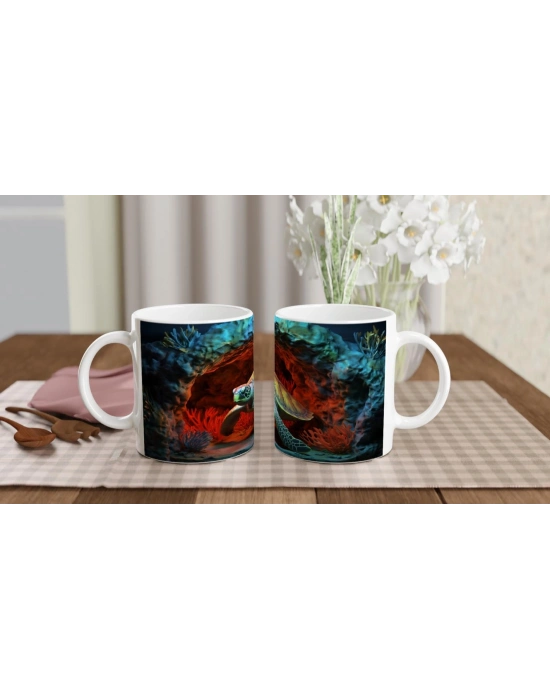 Ateş Renkli Mağarada Yüzen Deniz Kaplumbağası Kupa Bardak