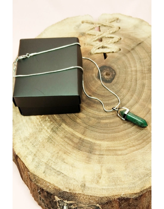 Aventurin Doğal Taşı Zincirli El Yapımı Tasarımlı Kolye Uç: 3,5 cm Zincir: 20 cm Kutulu