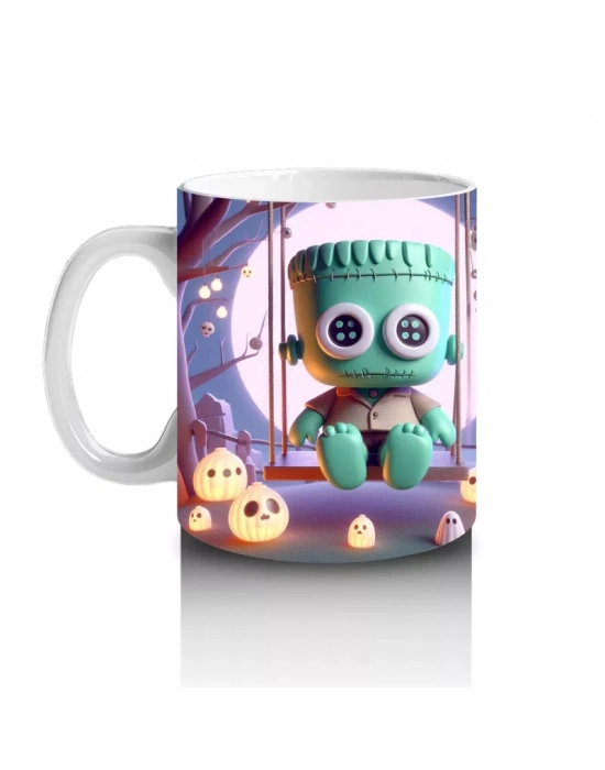 Ay Işığında Şeker Sepetli Zombi Çocuk Figürlü Eğlenceli Cadılar Bayramı Baskılı Kupa Bardak