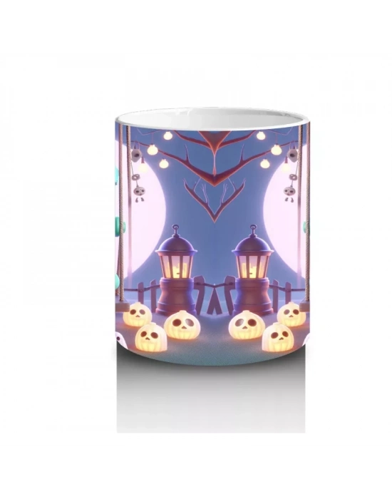 Ay Işığında Şeker Sepetli Zombi Çocuk Figürlü Eğlenceli Cadılar Bayramı Baskılı Kupa Bardak