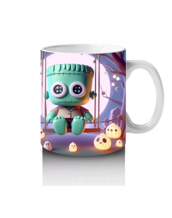 Ay Işığında Şeker Sepetli Zombi Çocuk Figürlü Eğlenceli Cadılar Bayramı Baskılı Kupa Bardak