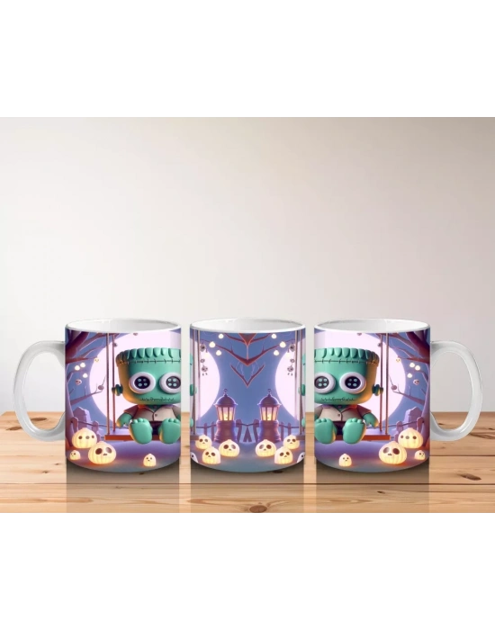 Ay Işığında Şeker Sepetli Zombi Çocuk Figürlü Eğlenceli Cadılar Bayramı Baskılı Kupa Bardak