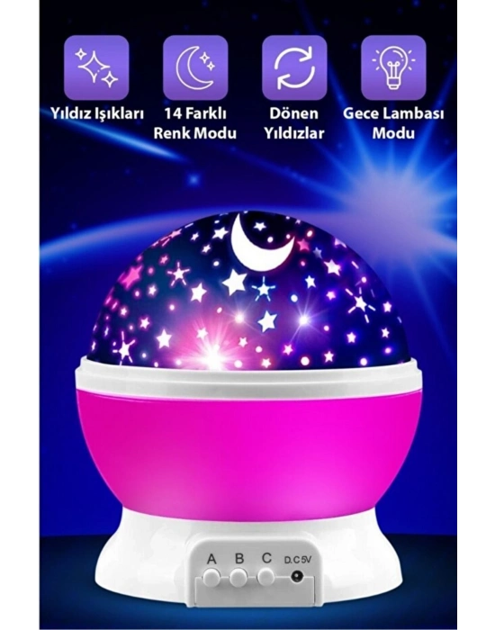 ® Ay ve Yıldızlı Gökyüzü Yansıtmalı Dönen Projeksiyon Gece ası- Çocuk Bebek Odası Pembe