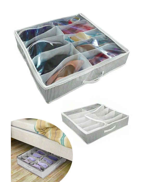 Ayakkabı Saklama Çantası 12 Bölmeli Shoes Under Ayakkabı Hurcu - Siyah Beyaz