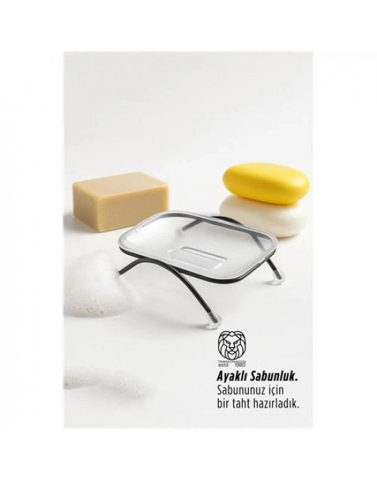 ® Ayaklı Sabunluk – Su Giderli, Şeffaf Tasarım, 12 x 9 cm, Tezgah Üstü Kullanım