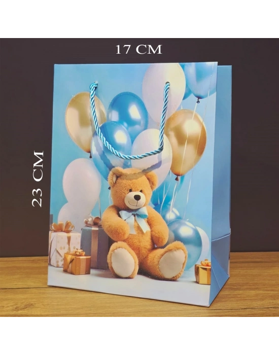 Ayıcık Desenli Mavi Küçük Boy Karton Hediye Çantası