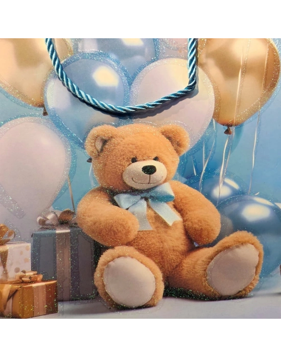 Ayıcık Desenli Mavi Küçük Boy Karton Hediye Çantası