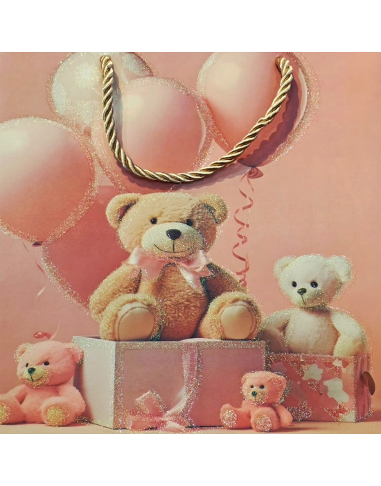 Ayıcık Desenli Pembe Küçük Boy Karton Hediye Çantası